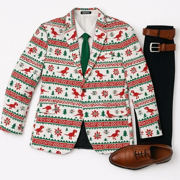 OppoSuits Christmas Dino Blazer US 46 Red Green Holiday Novelty Party Jacket EUC - Picture 2 of 7